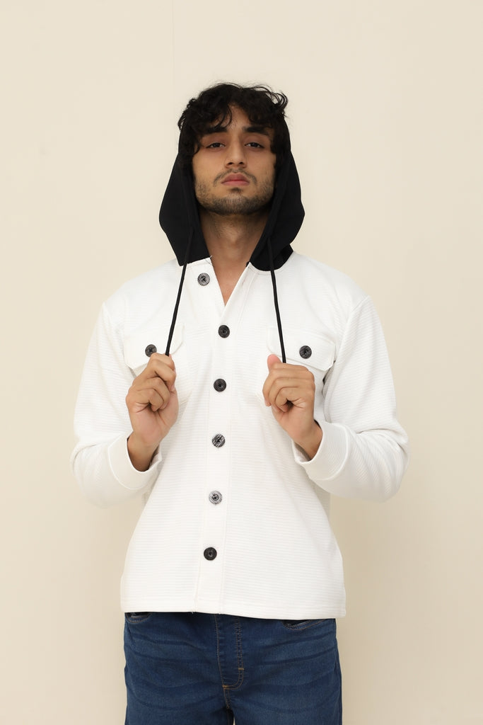 White Waffle Knit Button Hood