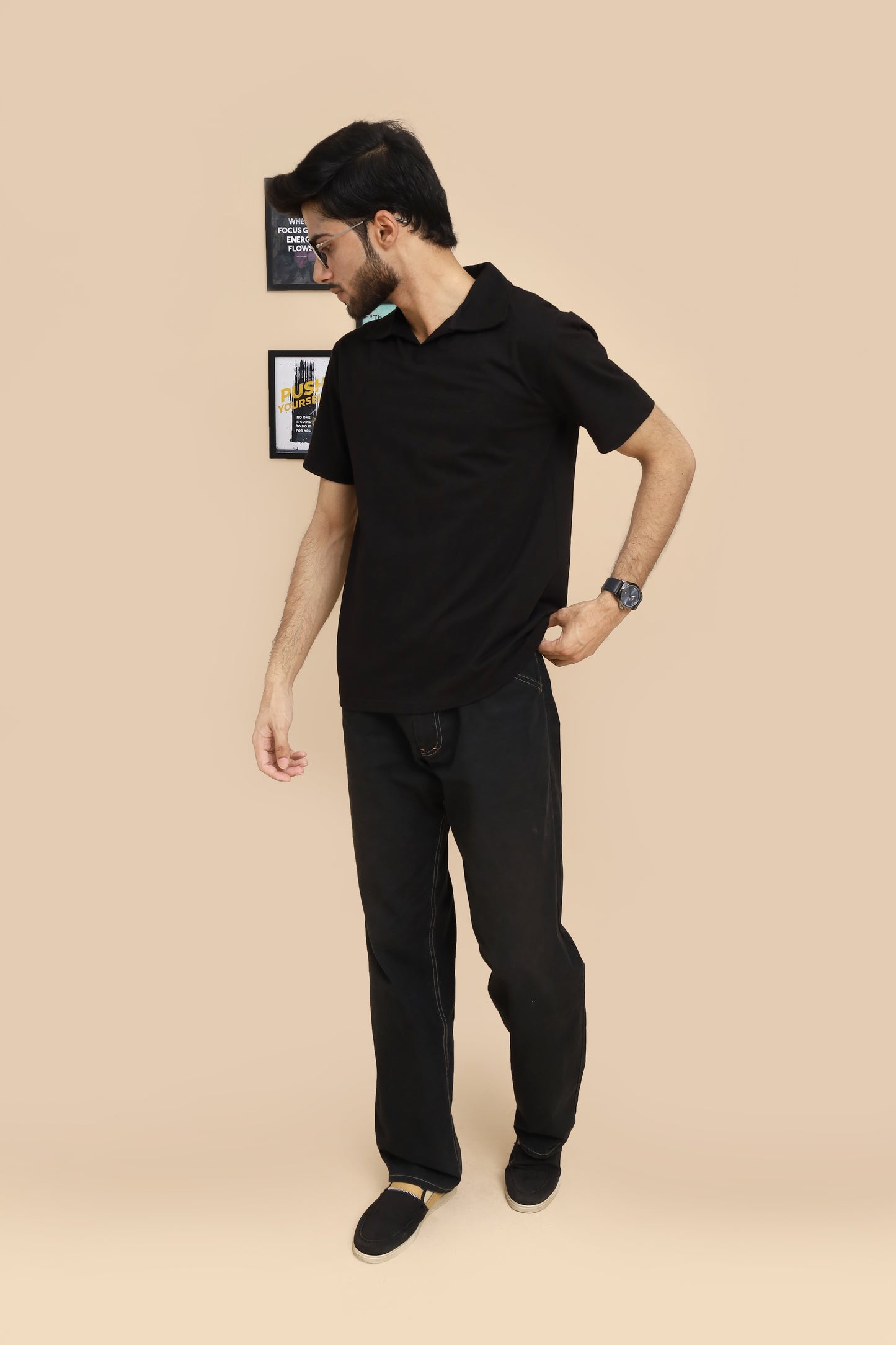 Johnny Collar Cotton Polo - Classic Fit - BLACK