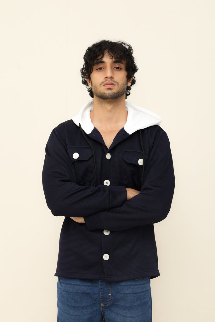 Navy Blue Waffle Knit Button Hood