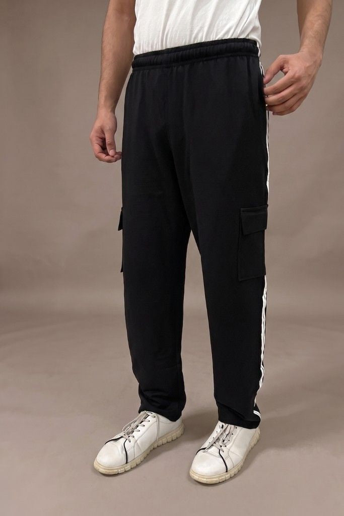 Straight Fit Panel Cargo Trousers –Black