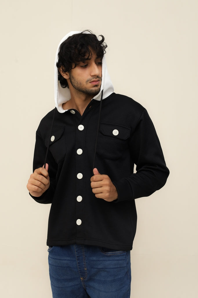 Black Waffle Knit Button Hood