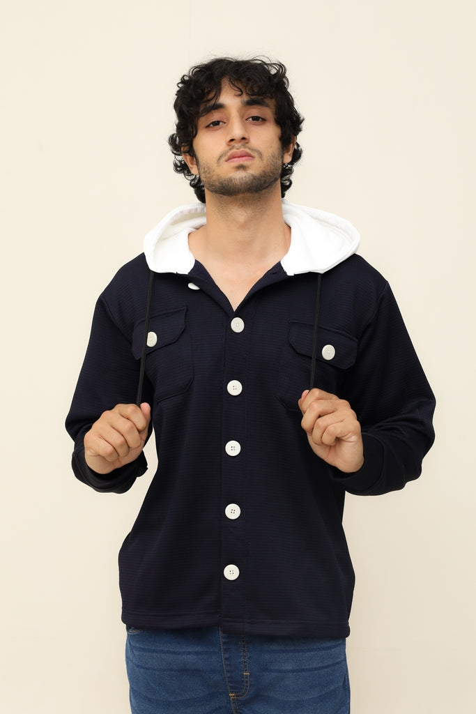 Navy Blue Waffle Knit Button Hood