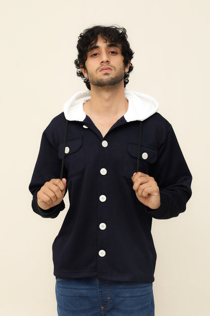 Navy Blue Waffle Knit Button Hood