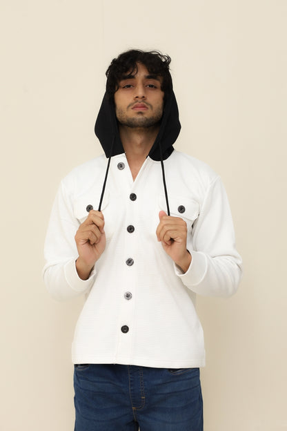 White Waffle Knit Button Hood