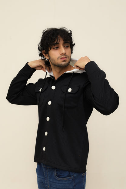 Black Waffle Knit Button Hood