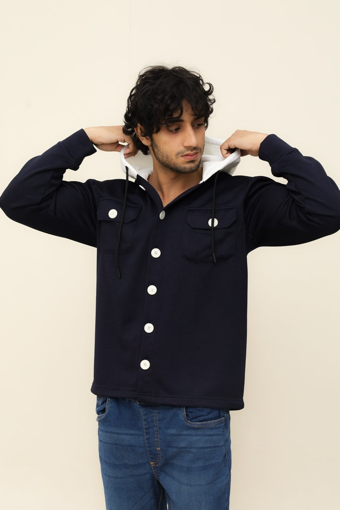 Navy Blue Waffle Knit Button Hood
