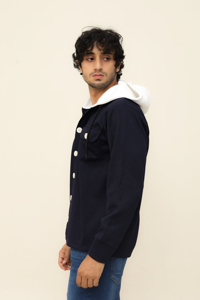 Navy Blue Waffle Knit Button Hood
