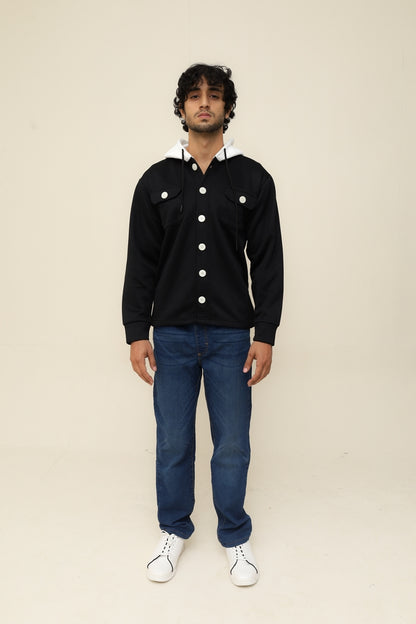 Black Waffle Knit Button Hood