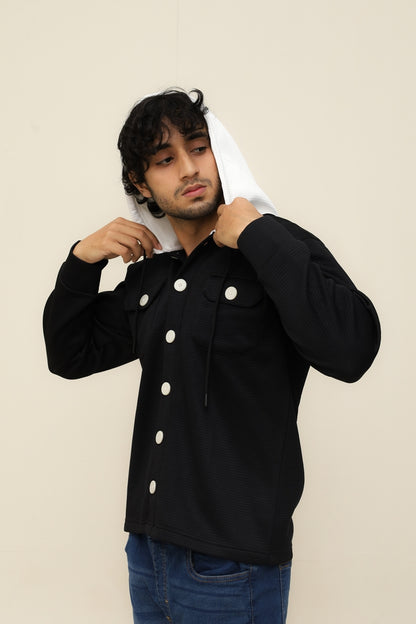 Black Waffle Knit Button Hood