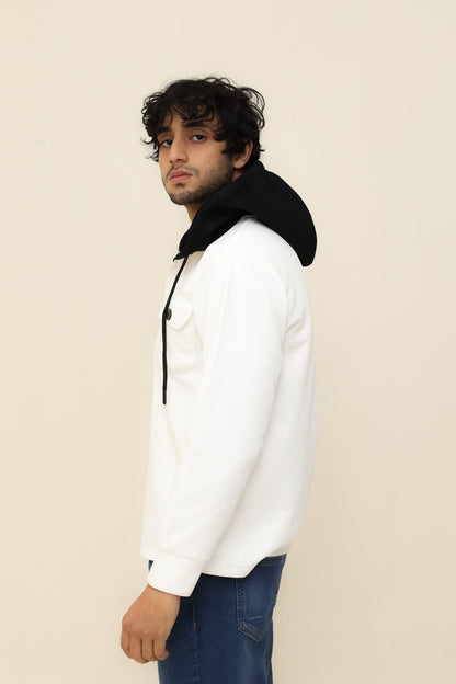 White Waffle Knit Button Hood