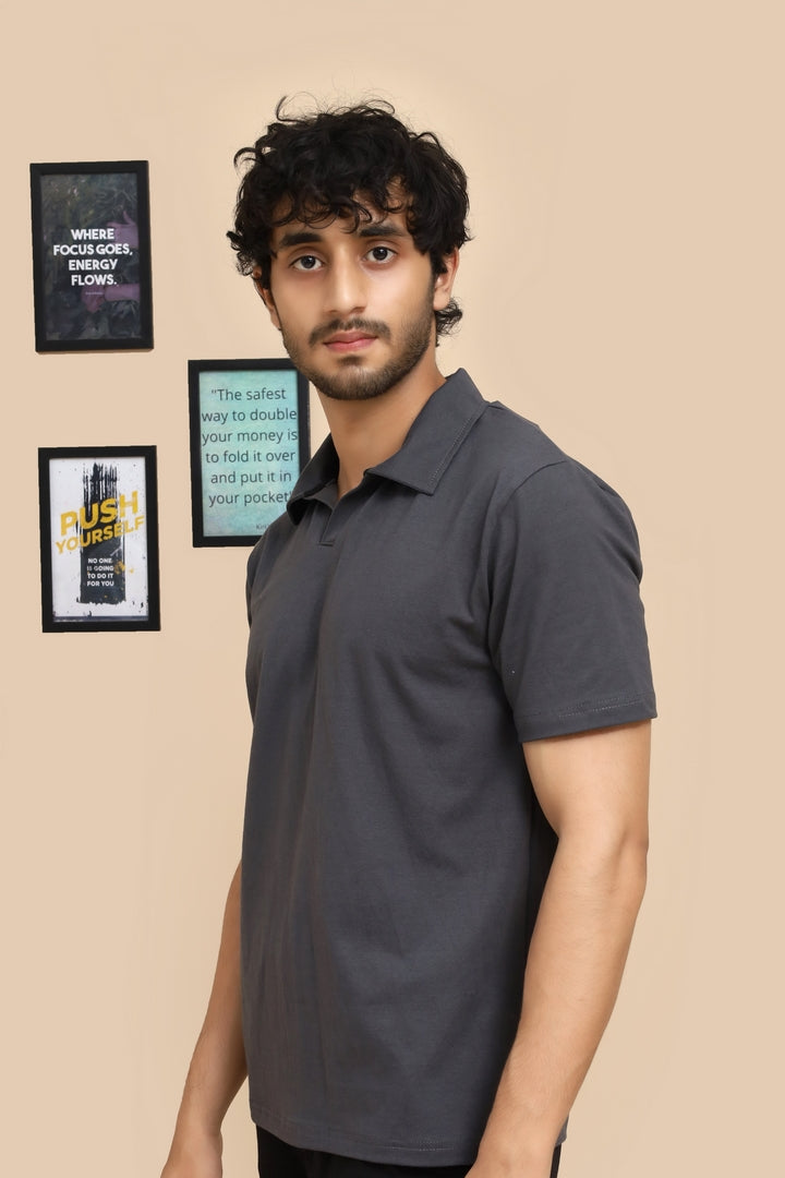 Johnny Collar Cotton Polo - Classic Fit - Charcol Grey