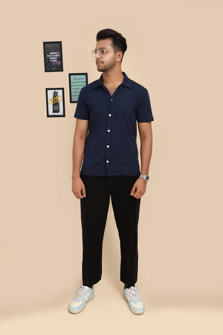 Navy Blue Cuban Collar Shirt