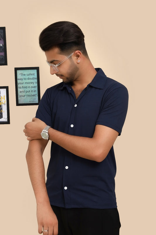 Navy Blue Cuban Collar Shirt