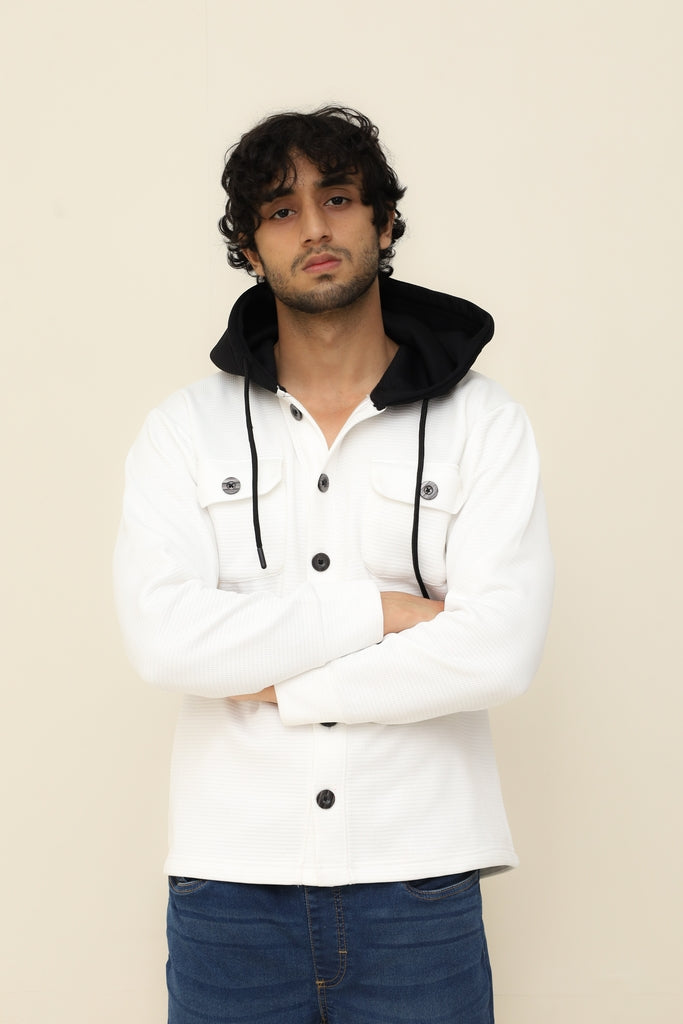 White Waffle Knit Button Hood