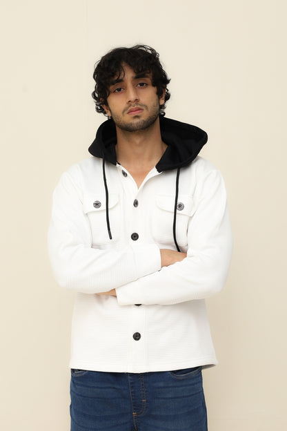 White Waffle Knit Button Hood