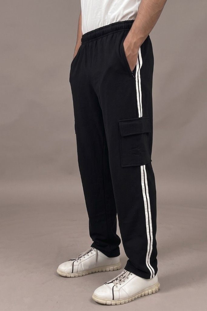 Straight Fit Panel Cargo Trousers –Black